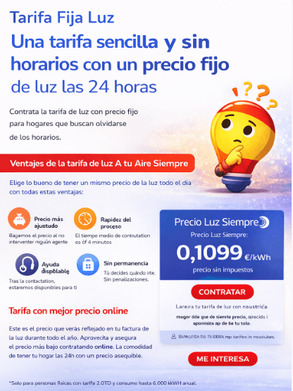 Tarifa A Tu Aire Luz Siempre de TotalEnergies: precio fijo y sin horarios todo lo que necesitas saber